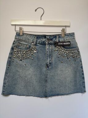 Steve Madden Light Blue Denim Mini Skirt with Crystal Accents